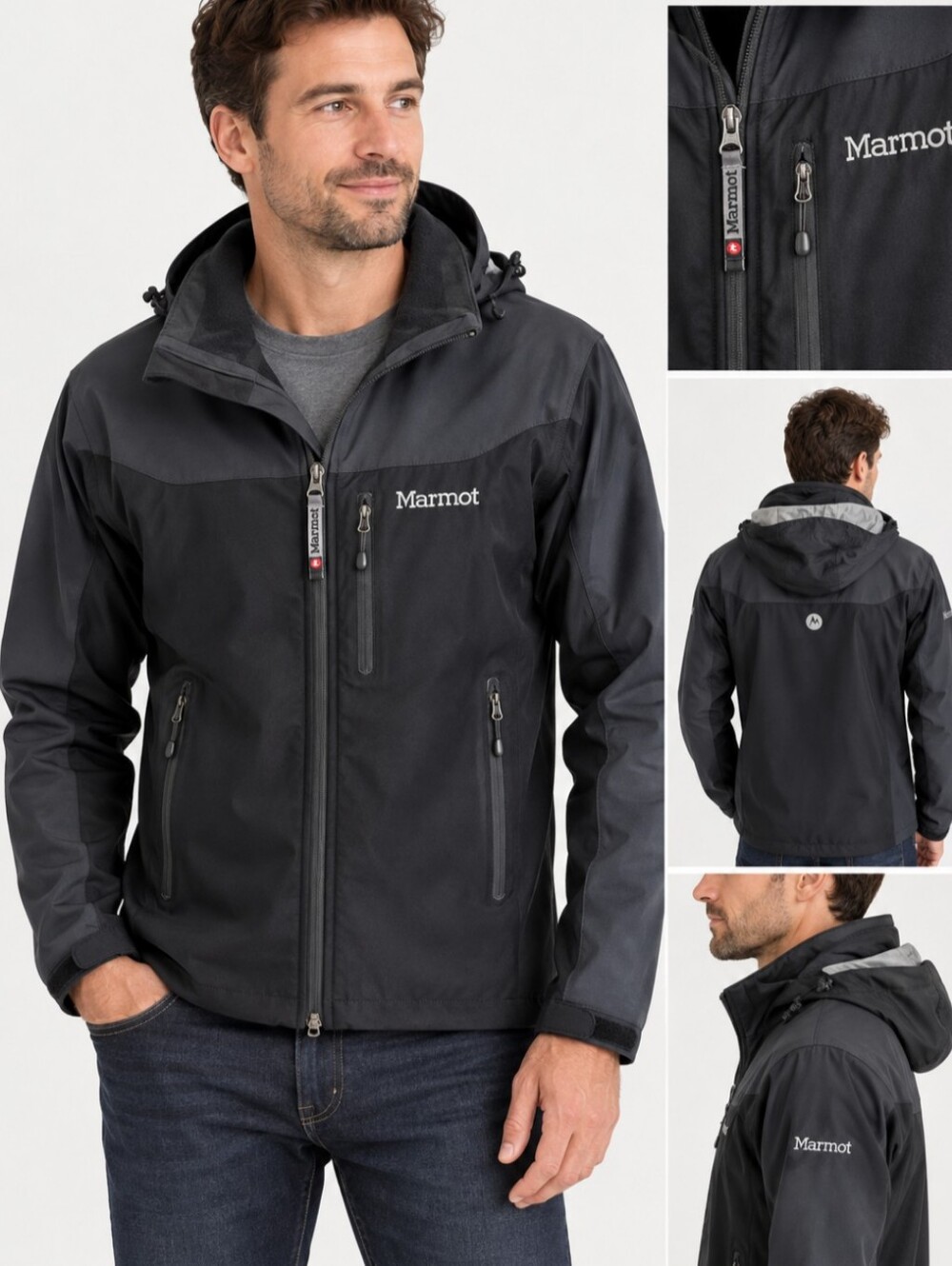 Marmot M Windstopper Fleece Lined Zip Up Hoodie Jacket Black Gray